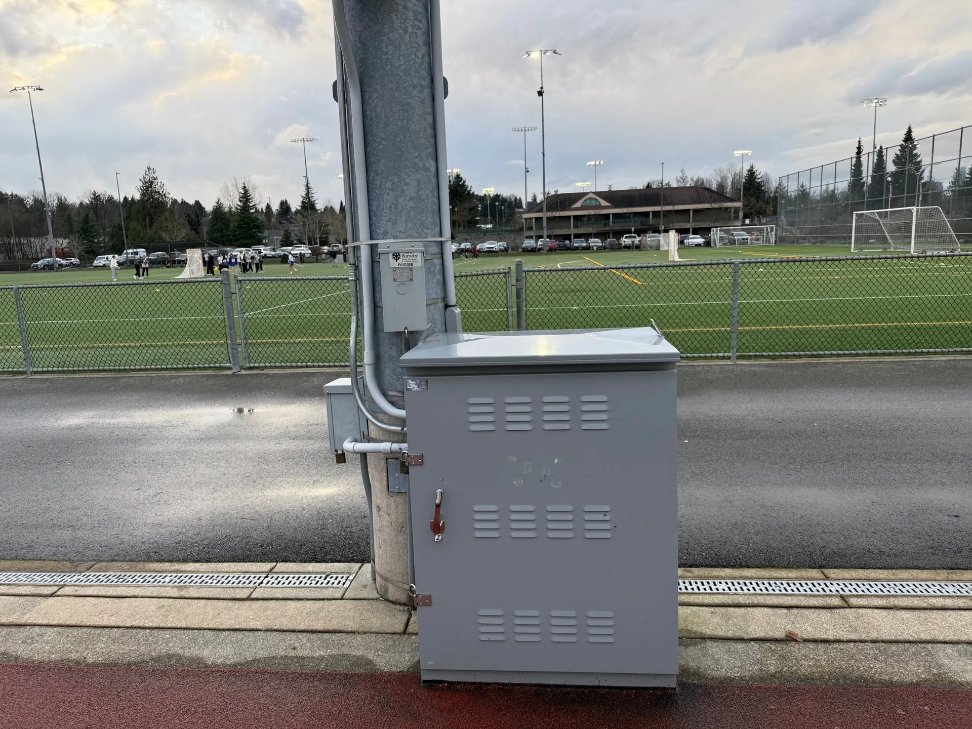Outdoor speaker mounting at Burnaby Lake Sports Complex West Fields